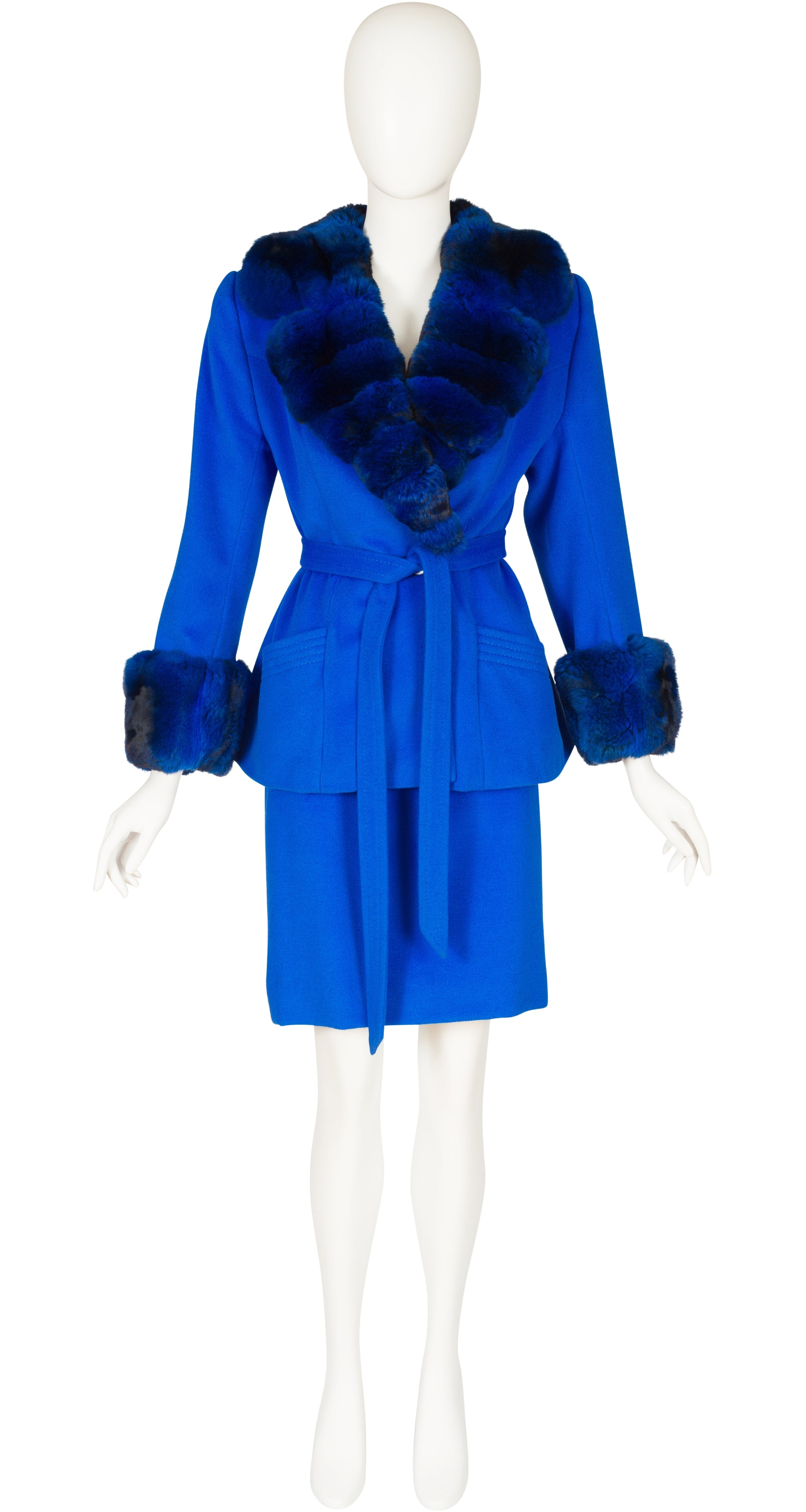 1990s Blue Cashmere Chinchilla Fur Skirt Suit
