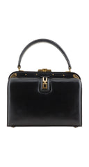 1950s Black Leather & Gold Metal Handbag