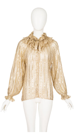 Maxi Librati 1970s Gold Metallic Silk Chiffon Ruffle Blouse