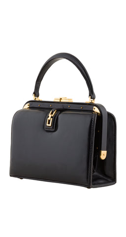 1950s Black Leather & Gold Metal Handbag