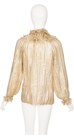 1970s Gold Metallic Silk Chiffon Ruffle Blouse