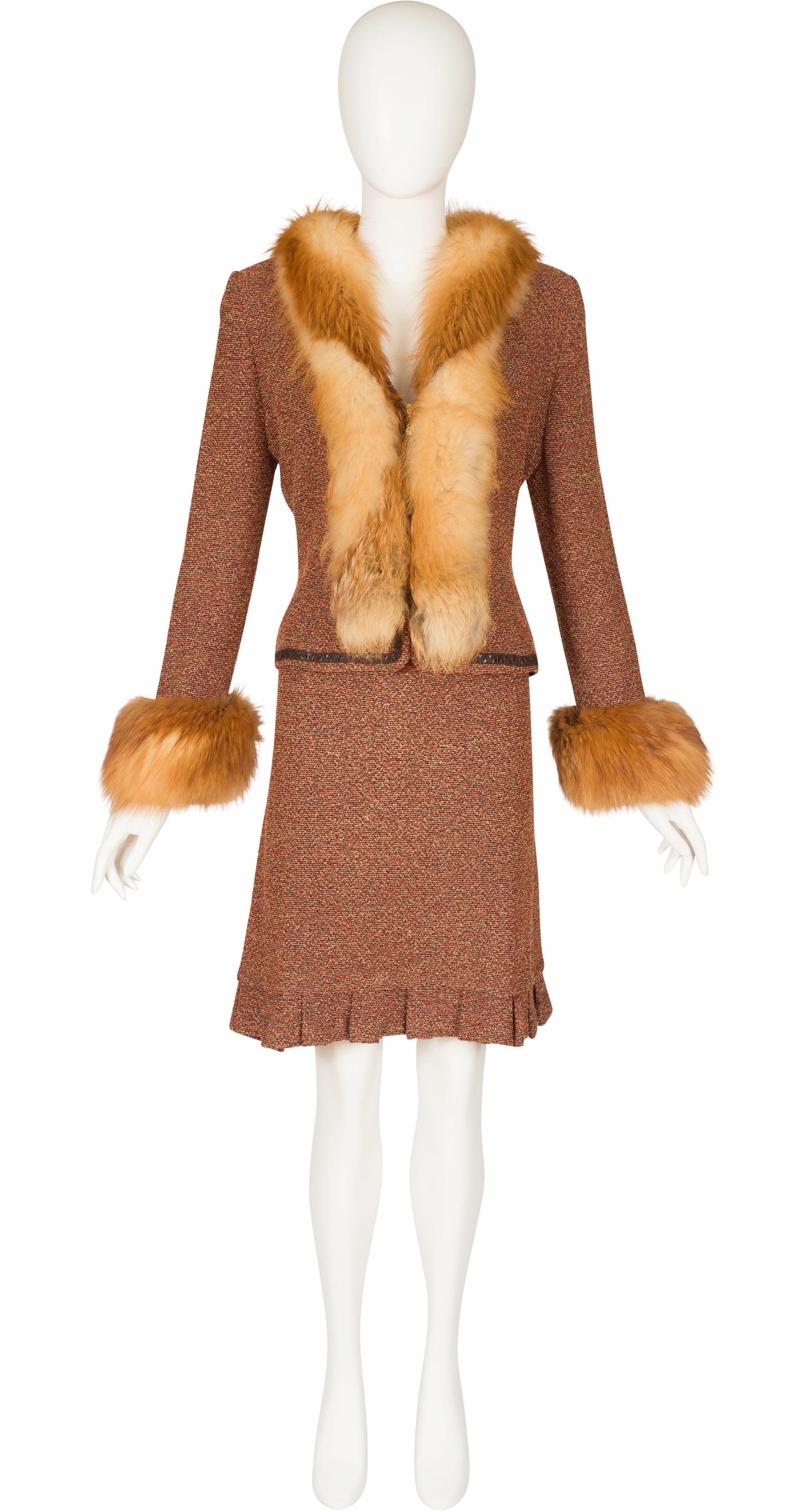 2000s Red Fox Fur Trim Boucle Three-Piece Suit
