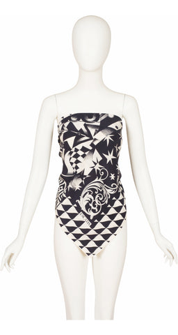 1980s Cream & Black Graphic Print Silk Scarf