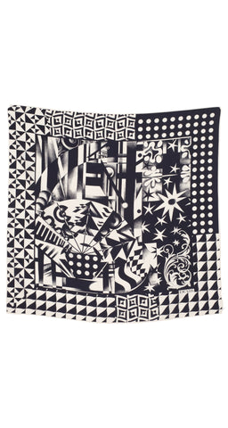1980s Cream & Black Graphic Print Silk Scarf