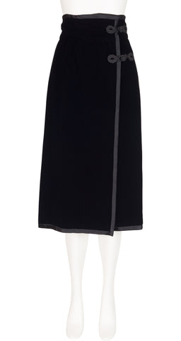1970s Black Velvet Frog Closure Wrap Midi Skirt