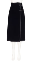 1970s Black Velvet Frog Closure Wrap Midi Skirt