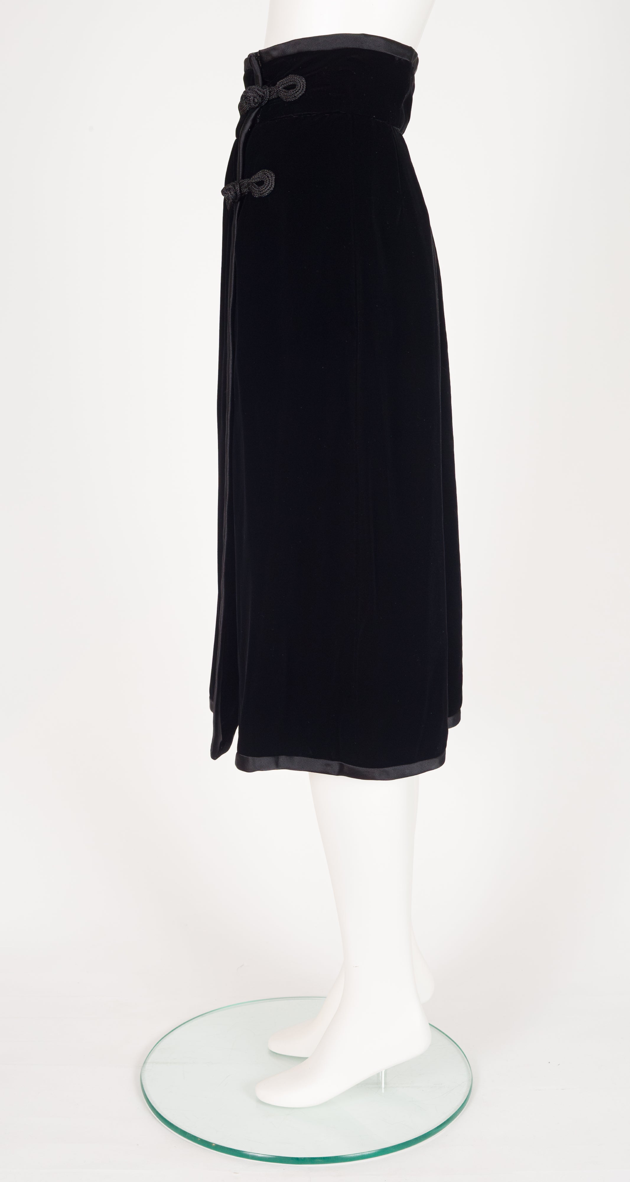 1970s Black Velvet Frog Closure Wrap Midi Skirt