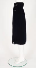 1970s Black Velvet Frog Closure Wrap Midi Skirt