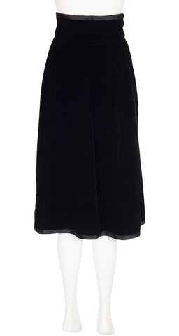 1970s Black Velvet Frog Closure Wrap Midi Skirt