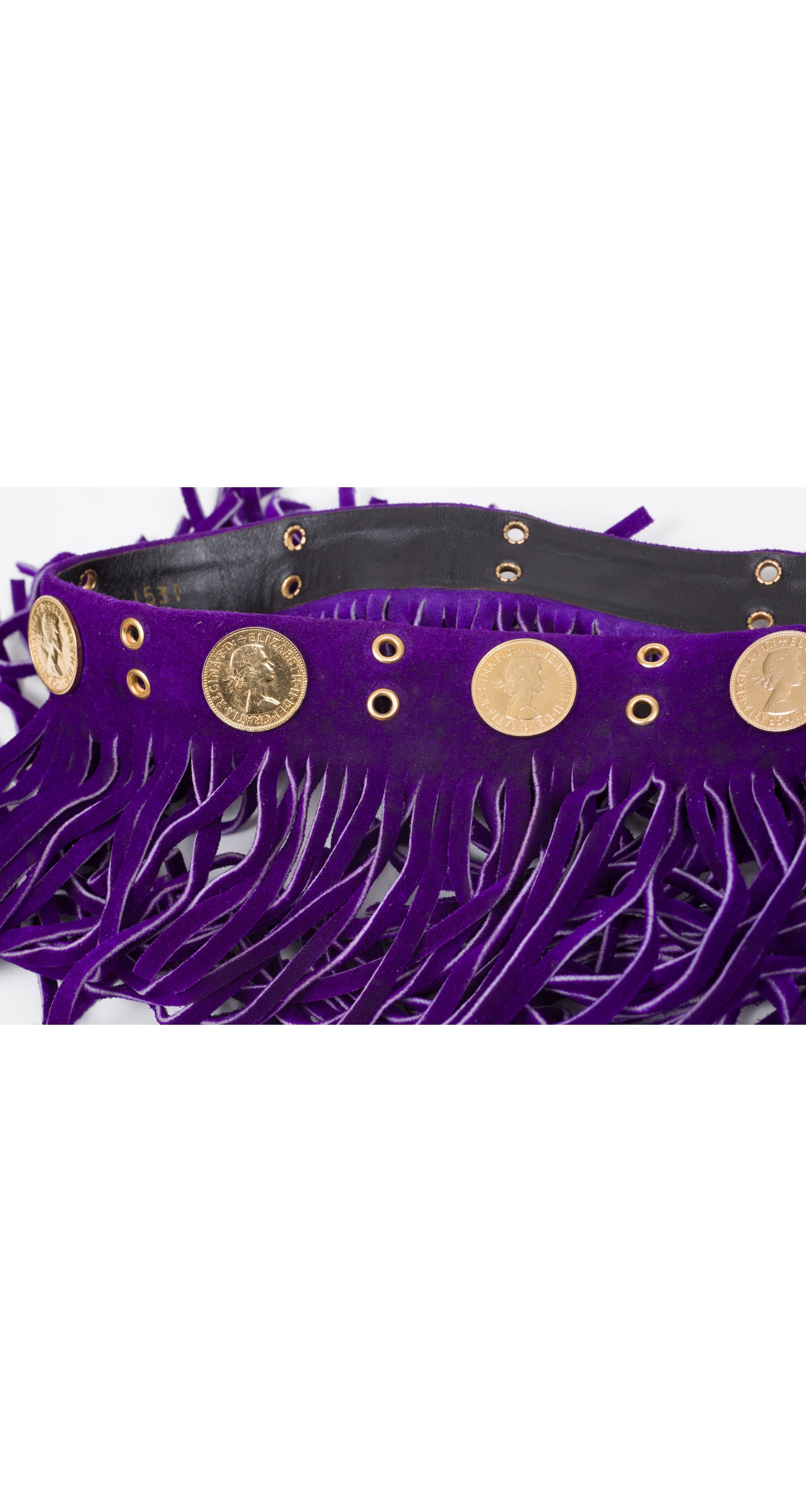 1970s Coin Purple Suede Fringe Waist Belt