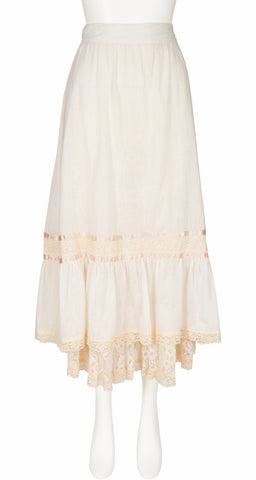 1970s Cream Lace Trim Cotton Tiered Midi Skirt