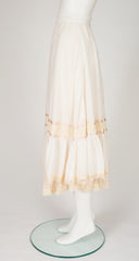 1970s Cream Lace Trim Cotton Tiered Midi Skirt