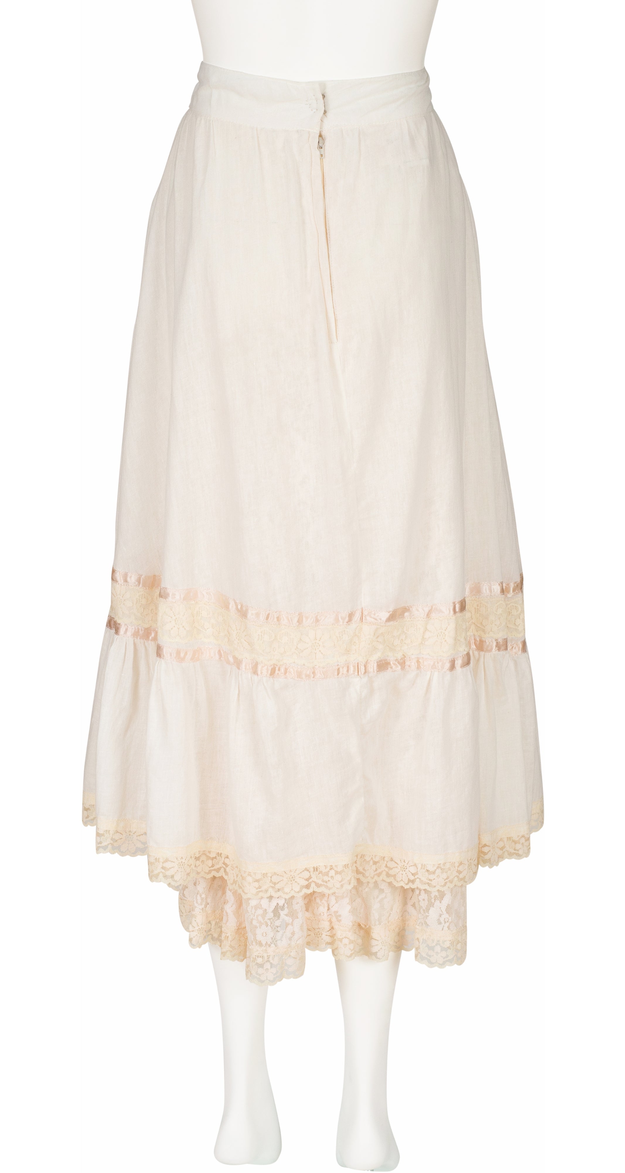 1970s Cream Lace Trim Cotton Tiered Midi Skirt