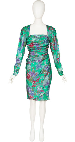 1980s Floral Print Green Silk Ruched Cocktail Dress