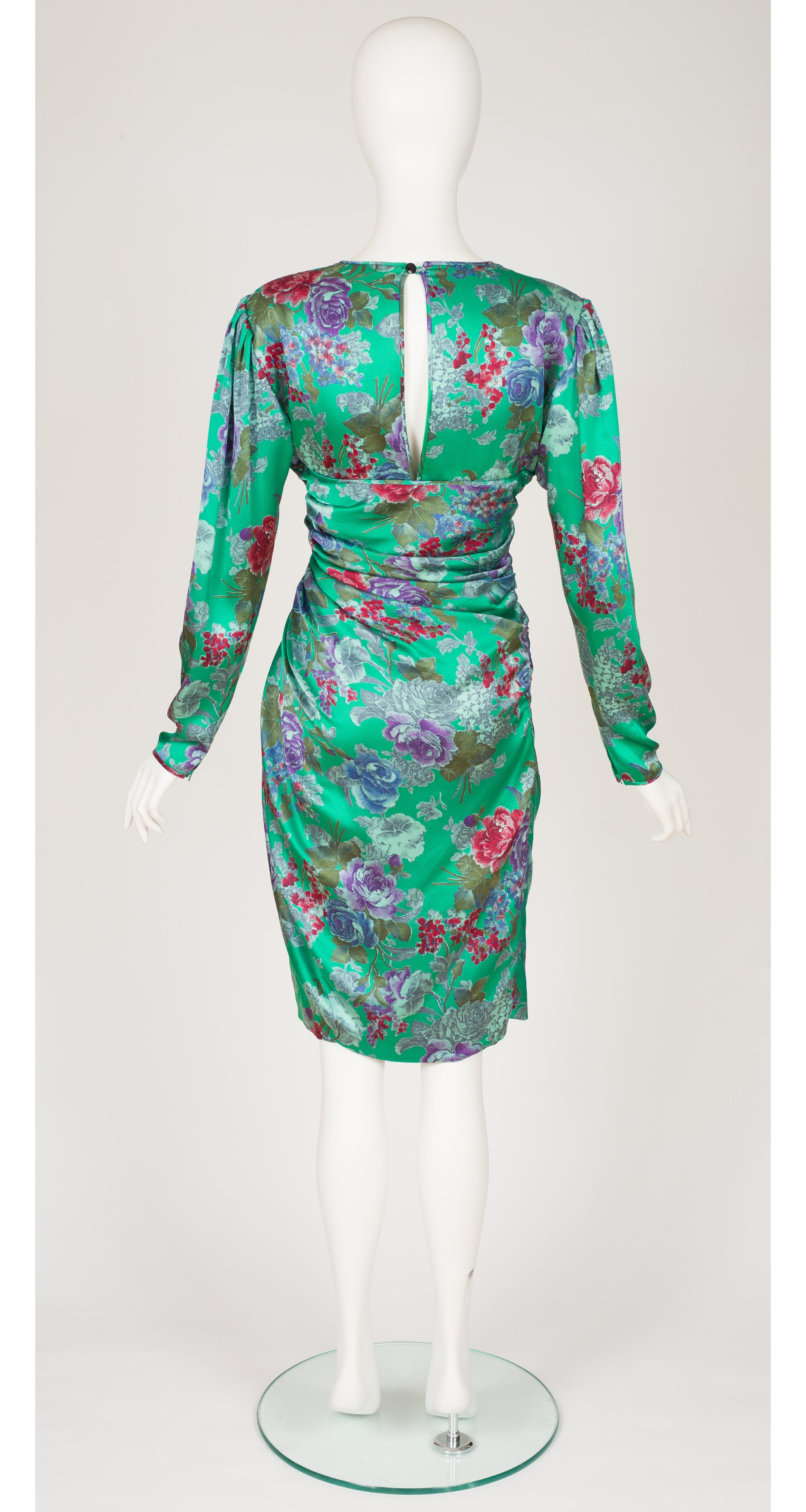 1980s Floral Print Green Silk Ruched Cocktail Dress