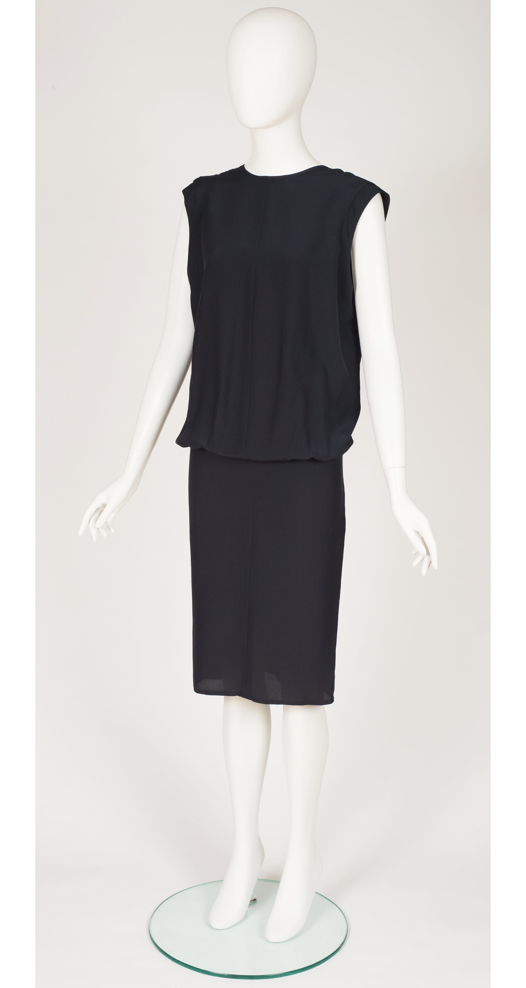 1980s Black Silk V-Back Blouson Dress