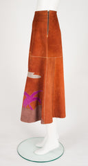 1970s Scenic Appliqué Brown Suede A-Line Midi Skirt