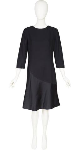 1960s Black Rayon Crepe & Silk Satin Cocktail Dress