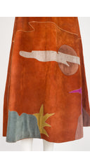 1970s Scenic Appliqué Brown Suede A-Line Midi Skirt