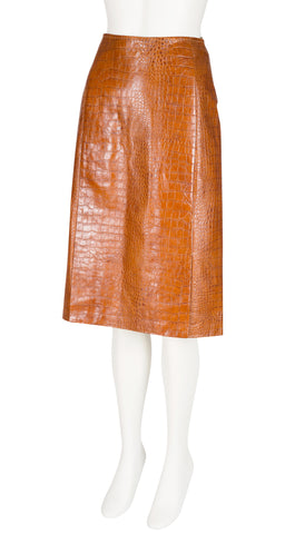 2000 F/W NWT Faux Croc Brown Leather Fur Collared Skirt Suit