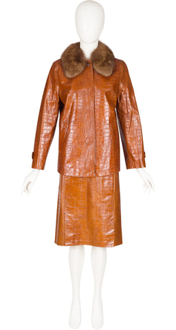 2000 F/W NWT Faux Croc Brown Leather Fur Collared Skirt Suit