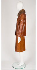 2000 F/W NWT Faux Croc Brown Leather Fur Collared Skirt Suit
