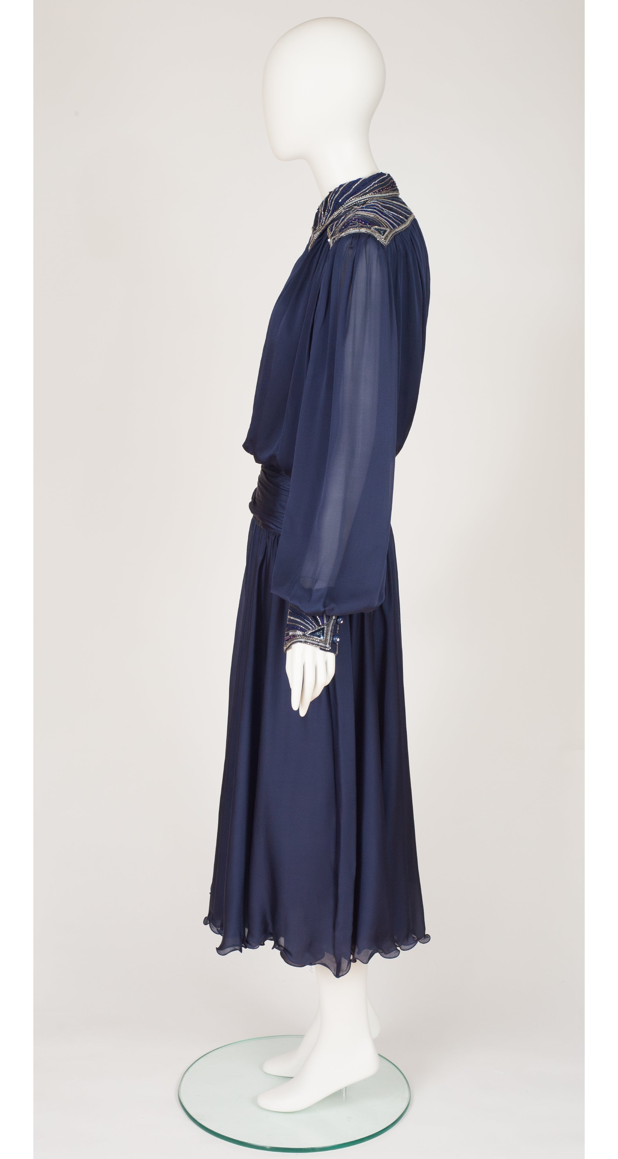 1980s Beaded Navy Silk Chiffon Evening Dress