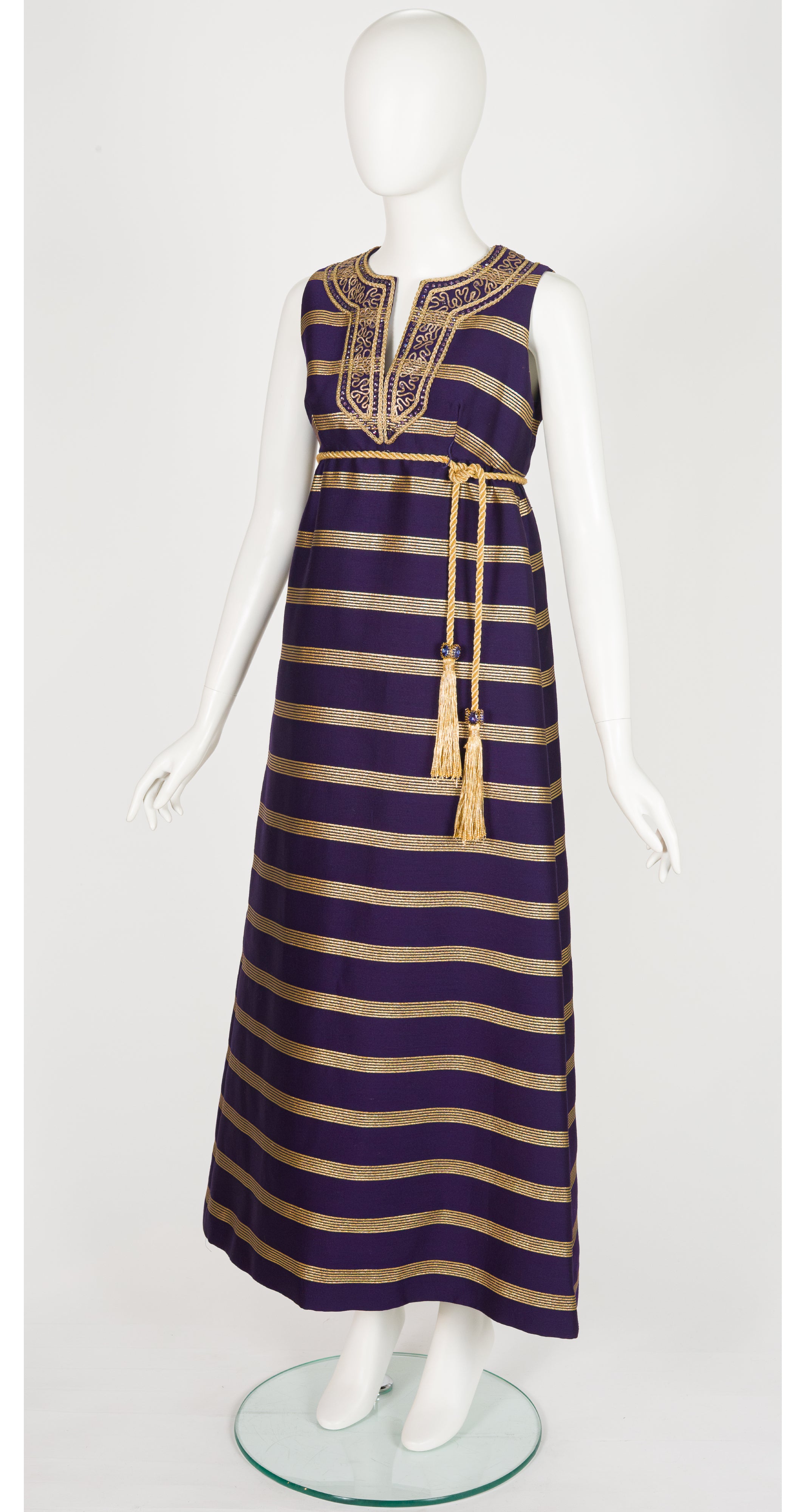 1960s Embellished Purple & Gold Empire Waist Evening Gown