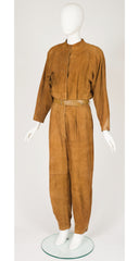 1980s Tan Suede Long Sleeve Belted Jumpsuit