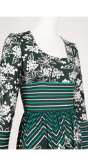 1970s Striped Floral Green Jersey Maxi Dress