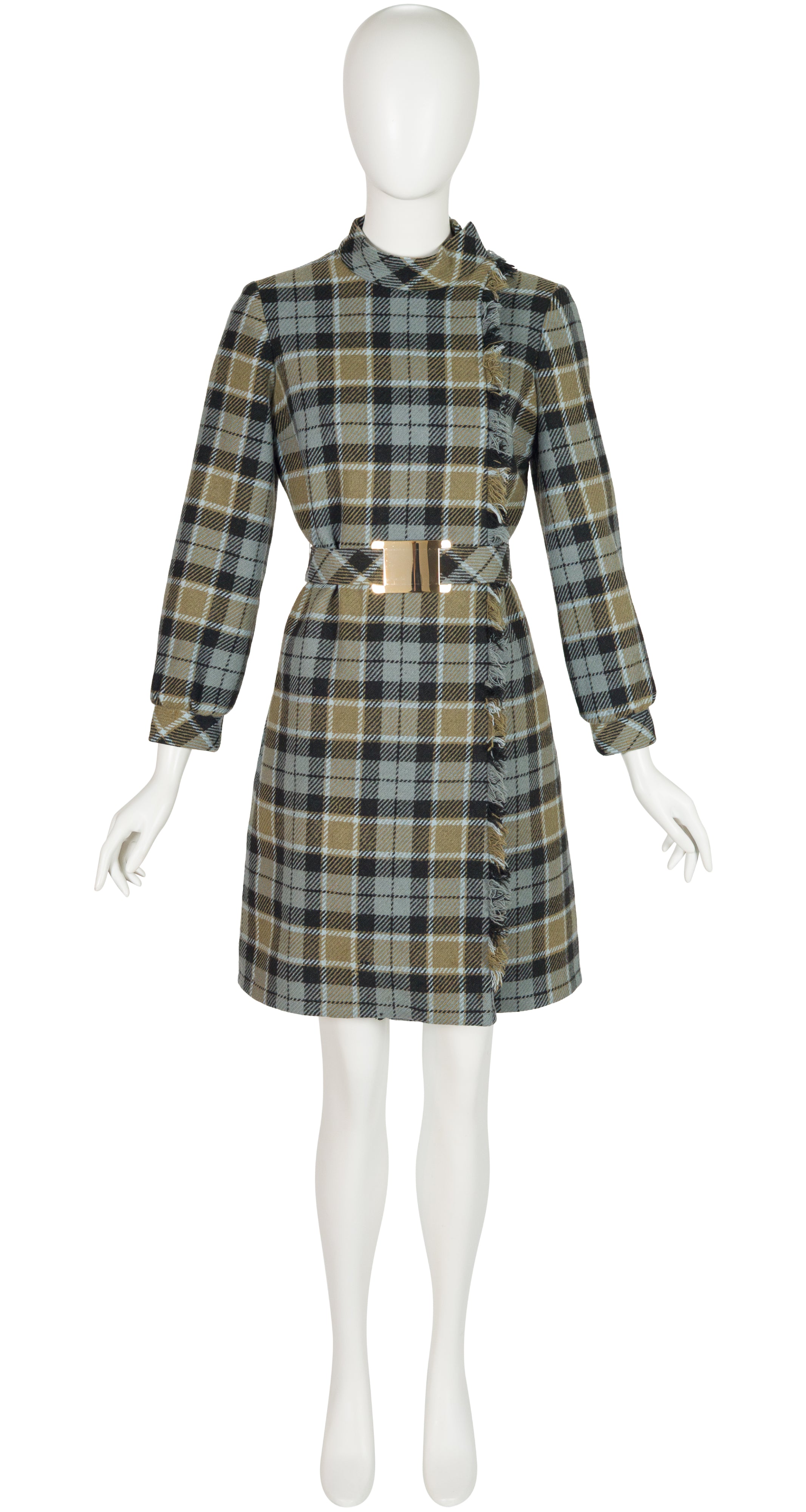 1960s Tartan Wool Belted Long Sleeve Dress