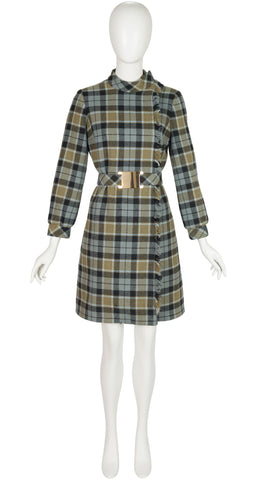 1960s Tartan Wool Belted Long Sleeve Dress