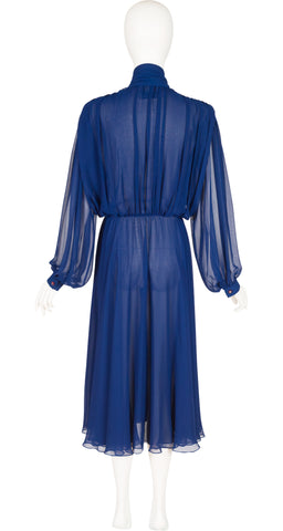 1980s Blue Chiffon Balloon Sleeve Evening Dress