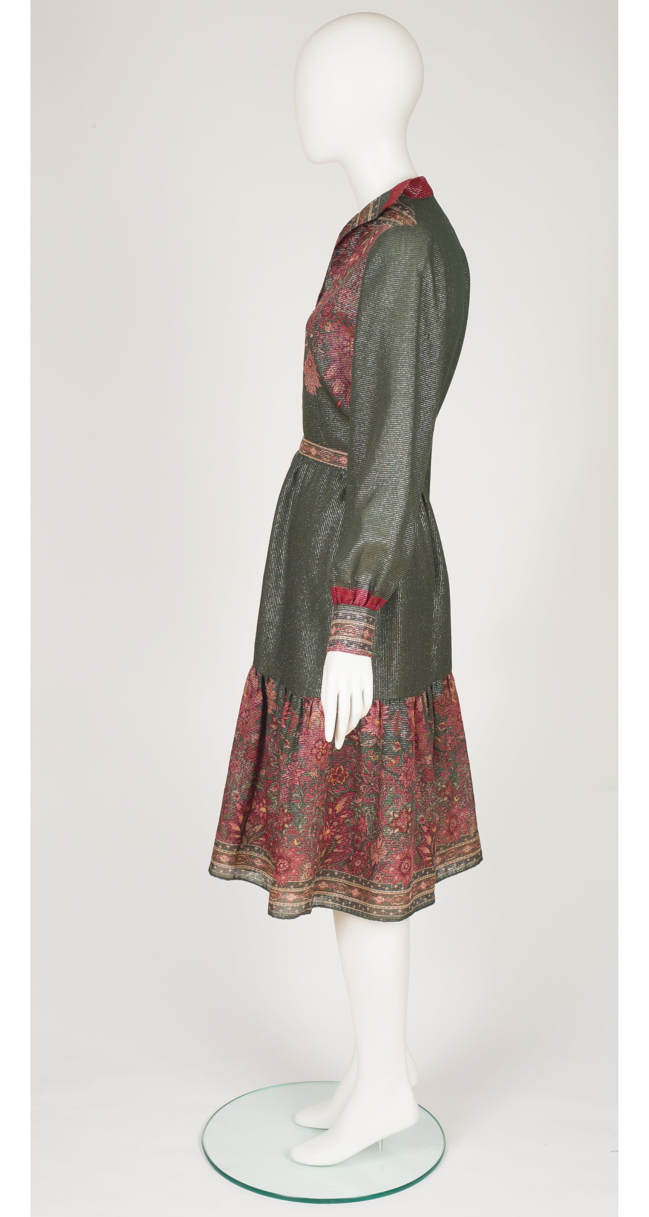 1970s Green Floral Lurex Wool Blouse & Skirt Set