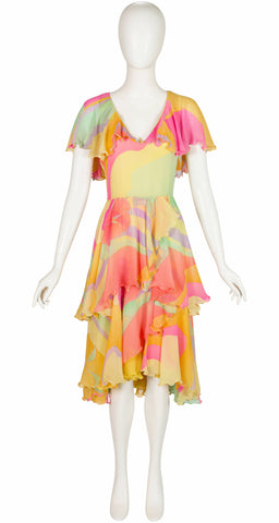 1981 Pastel Silk Chiffon Lettuce Hem Tiered Dress