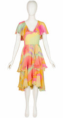 1981 Pastel Silk Chiffon Lettuce Hem Tiered Dress