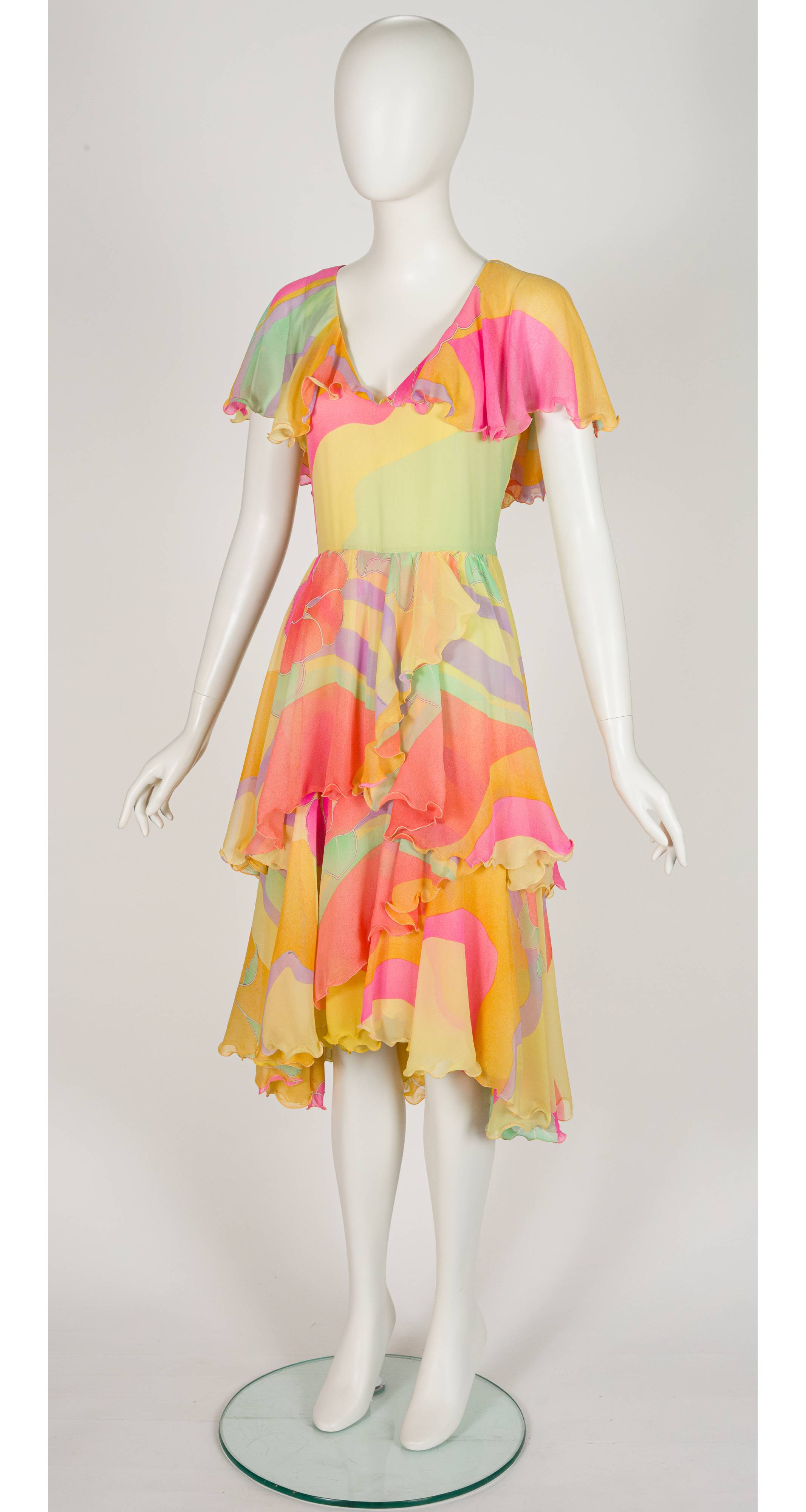 1981 Pastel Silk Chiffon Lettuce Hem Tiered Dress