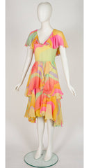 1981 Pastel Silk Chiffon Lettuce Hem Tiered Dress