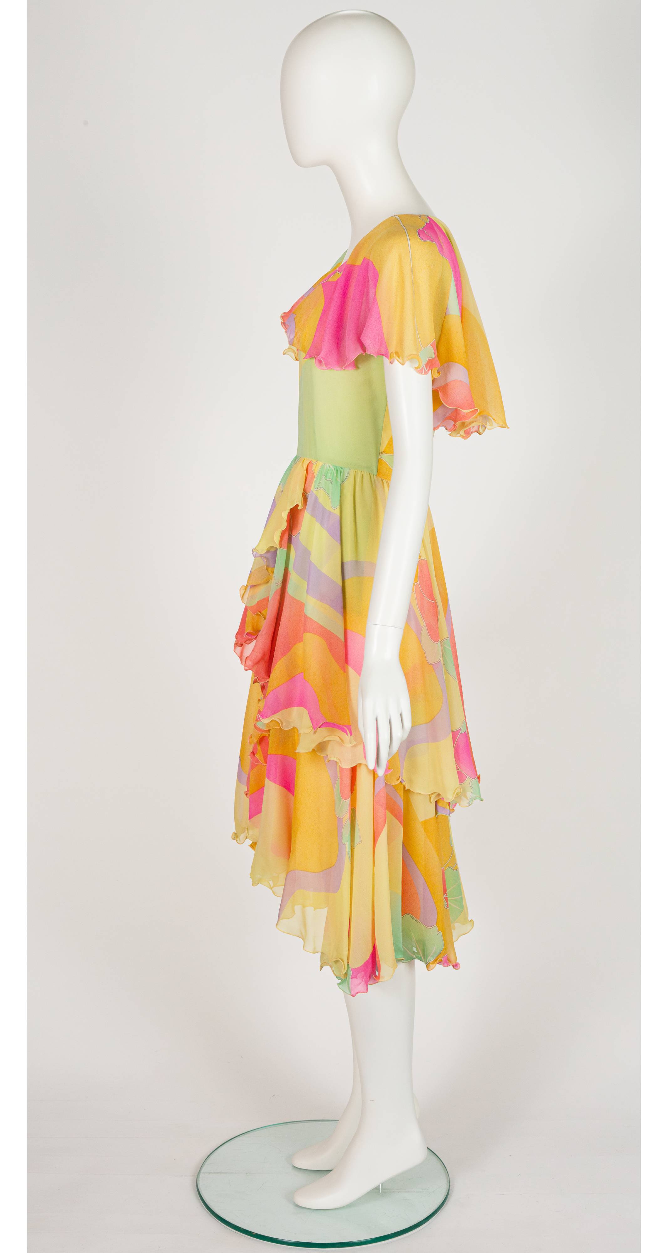 1981 Pastel Silk Chiffon Lettuce Hem Tiered Dress