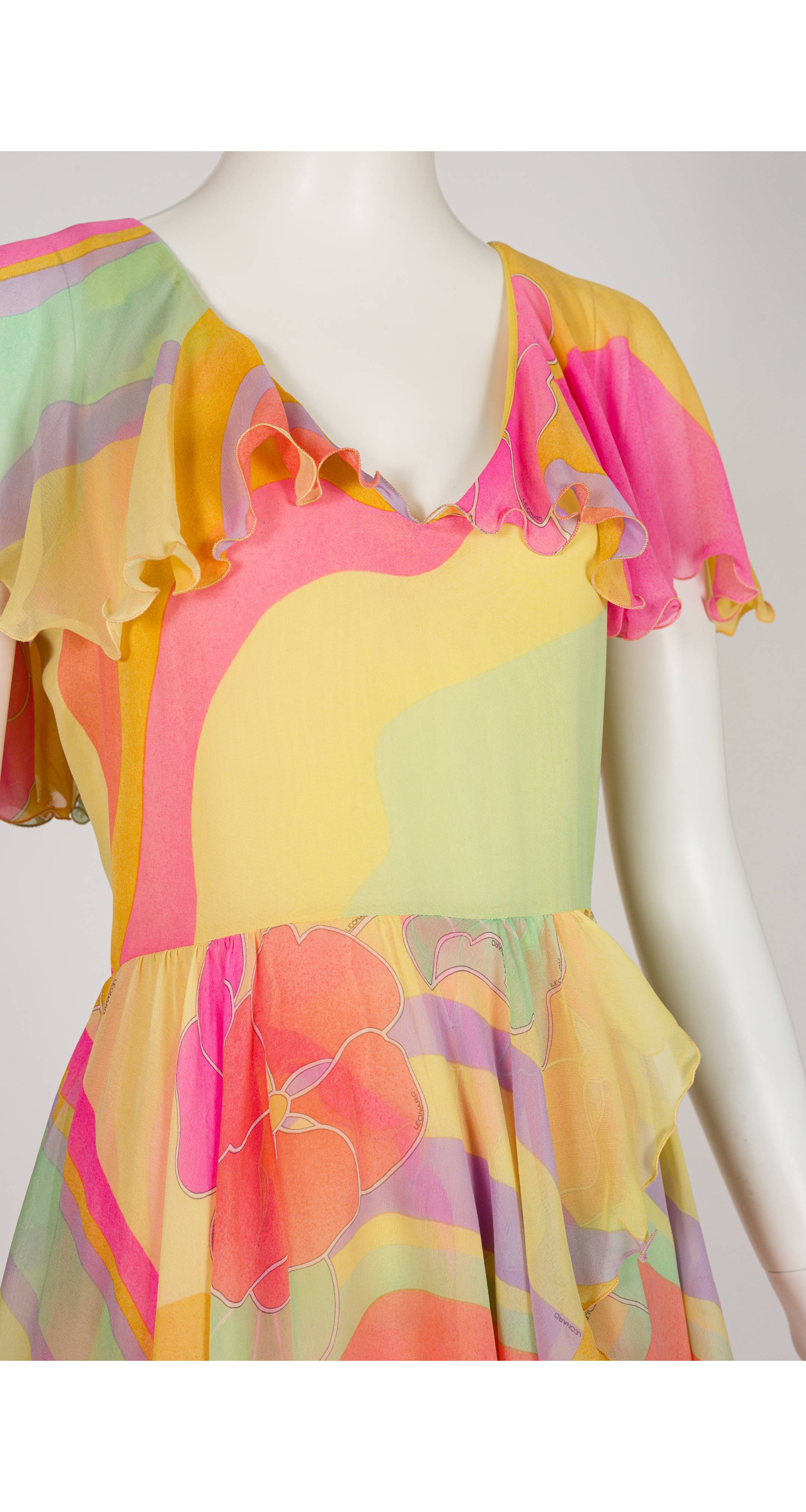 1981 Pastel Silk Chiffon Lettuce Hem Tiered Dress