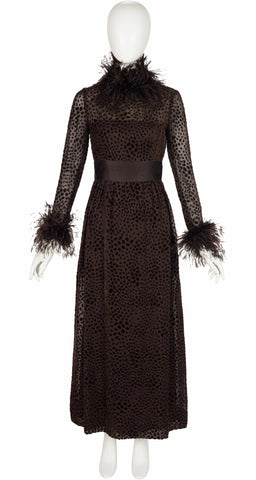 1970s Brown Polka Dot Devoré Feather Trim Gown
