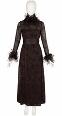 1970s Brown Polka Dot Devoré Feather Trim Gown