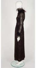 1970s Brown Polka Dot Devoré Feather Trim Gown