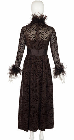 1970s Brown Polka Dot Devoré Feather Trim Gown