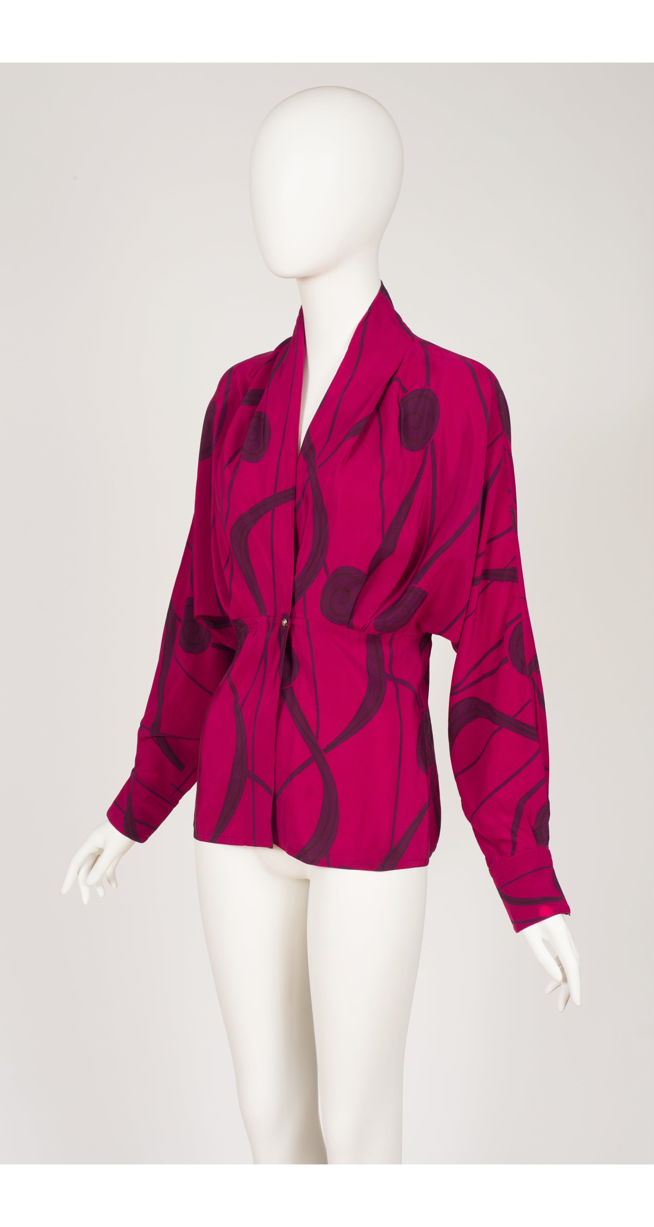 1980s Abstract Print Fuchsia Silk Dolman Sleeve Blouse