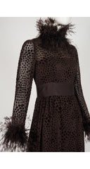 1970s Brown Polka Dot Devoré Feather Trim Gown