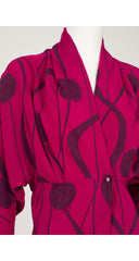 1980s Abstract Print Fuchsia Silk Dolman Sleeve Blouse