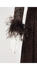 1970s Brown Polka Dot Devoré Feather Trim Gown