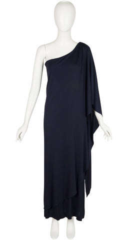 1975-76 F/W Black Jersey One-Shoulder Grecian Gown