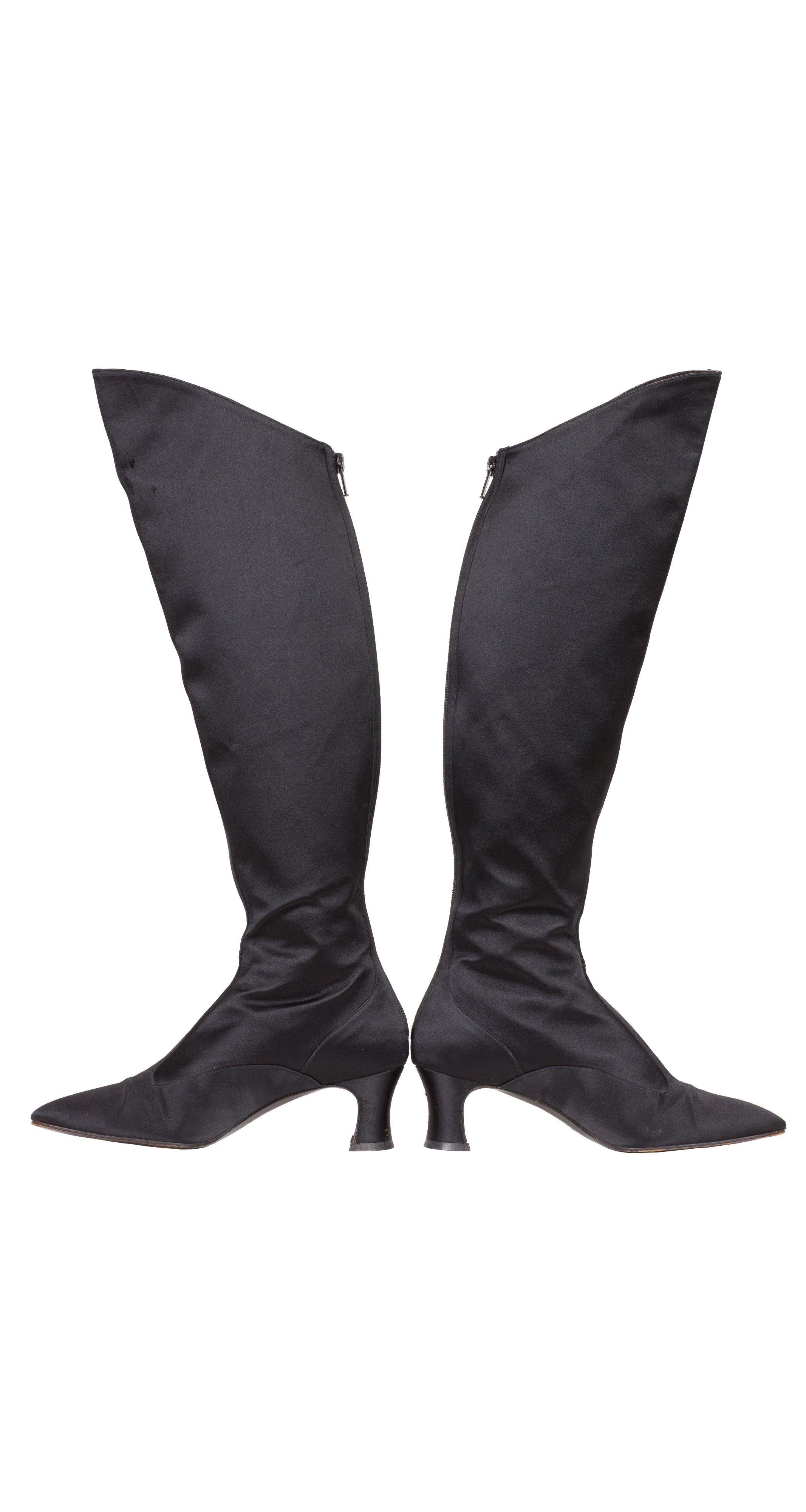 1980s Black Silk Satin Knee-High Spool Heel Boots